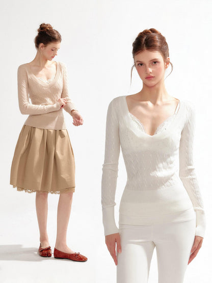 YZZI HE V-neck Cable Knit Slim Fit Preppy Style Women&