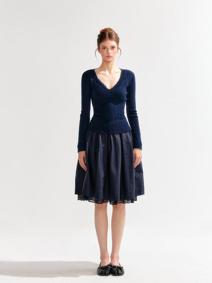 YZZI HE V-neck Cable Knit Slim Fit Preppy Style Women&