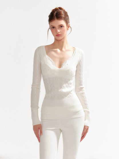 YZZI HE V-neck Cable Knit Slim Fit Preppy Style Women&