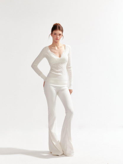 YZZI HE V-neck Cable Knit Slim Fit Preppy Style Women&