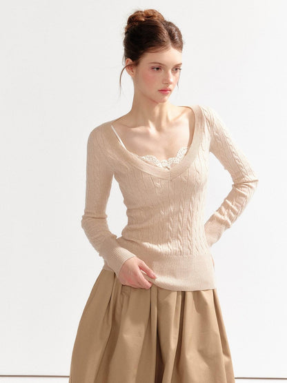 YZZI HE V-neck Cable Knit Slim Fit Preppy Style Women&