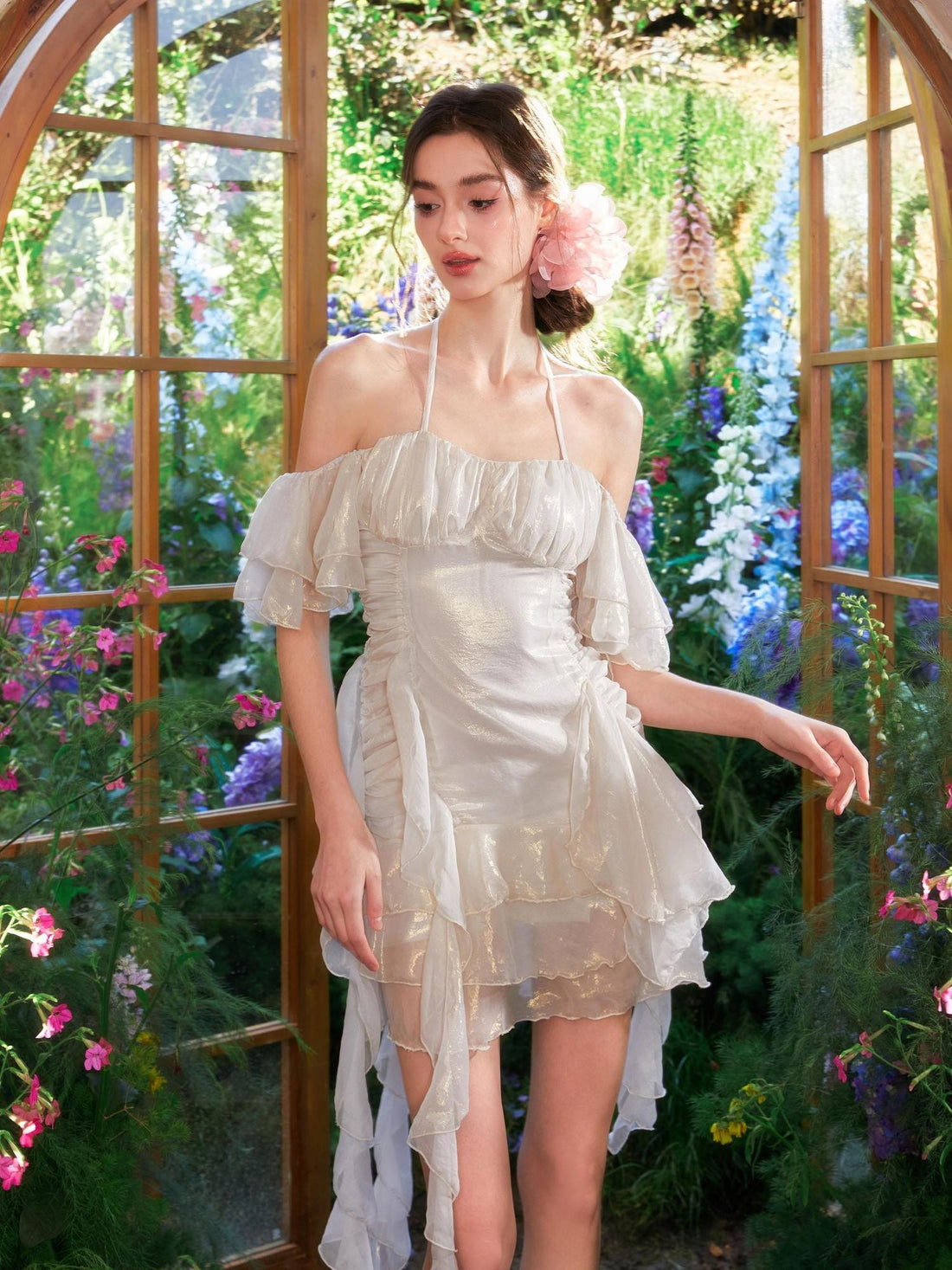 YZZI HE Vintage Dried Rose Ruched Multi Layer Ruffle Women&