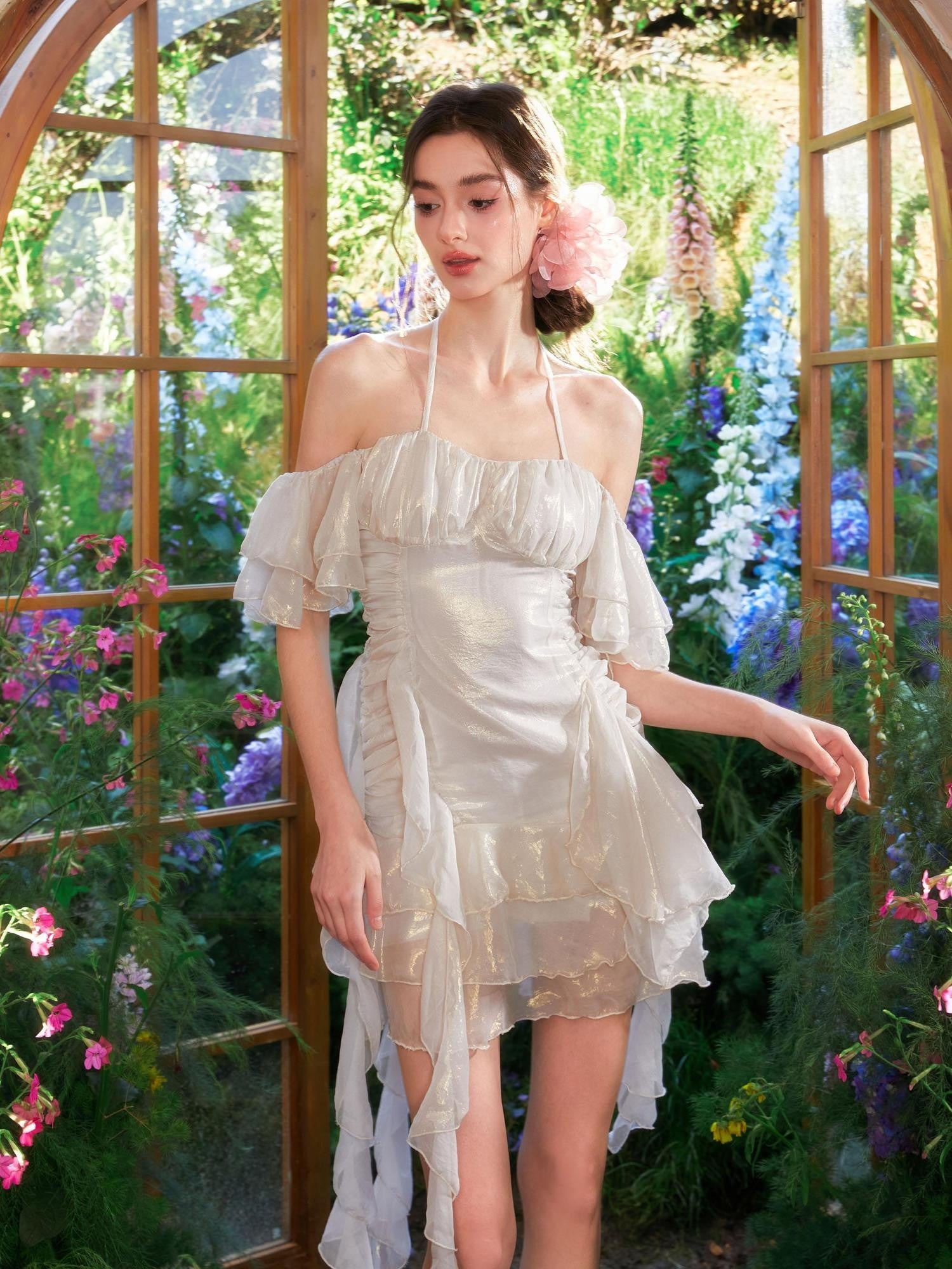 YZZI HE Vintage Dried Rose Ruched Multi Layer Ruffle Women&