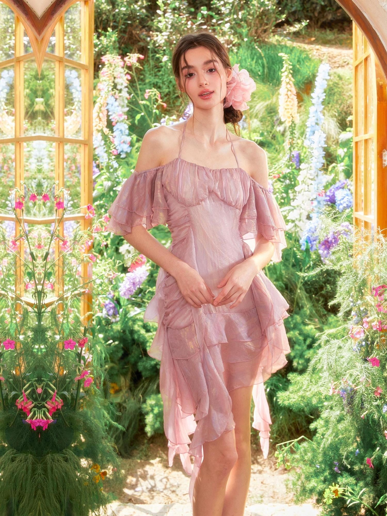 YZZI HE Vintage Dried Rose Ruched Multi Layer Ruffle Women&