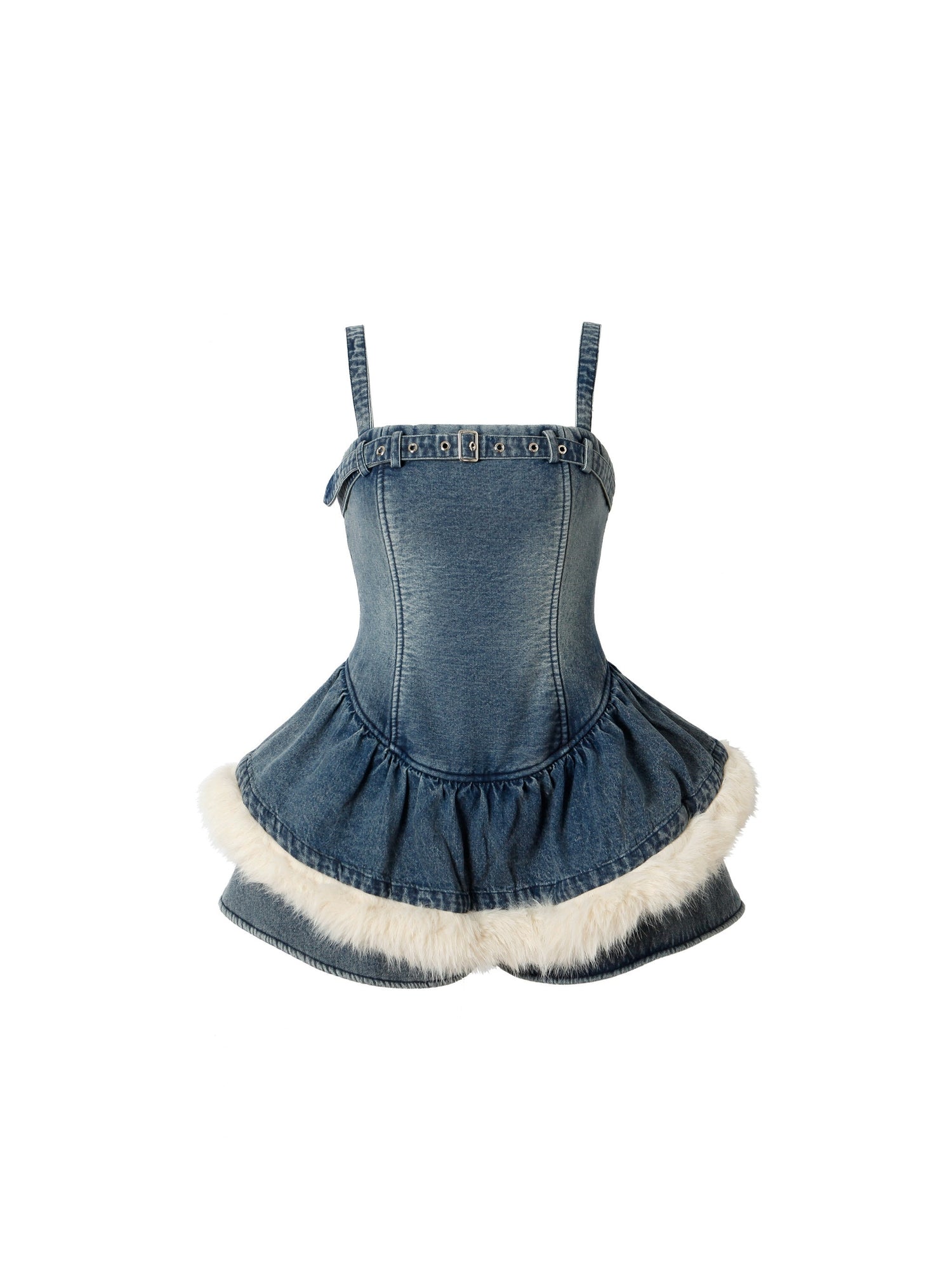YZZI_HE_Vintage_Fur_Collar_Denim_Jacket_Puff_Dress_Women&