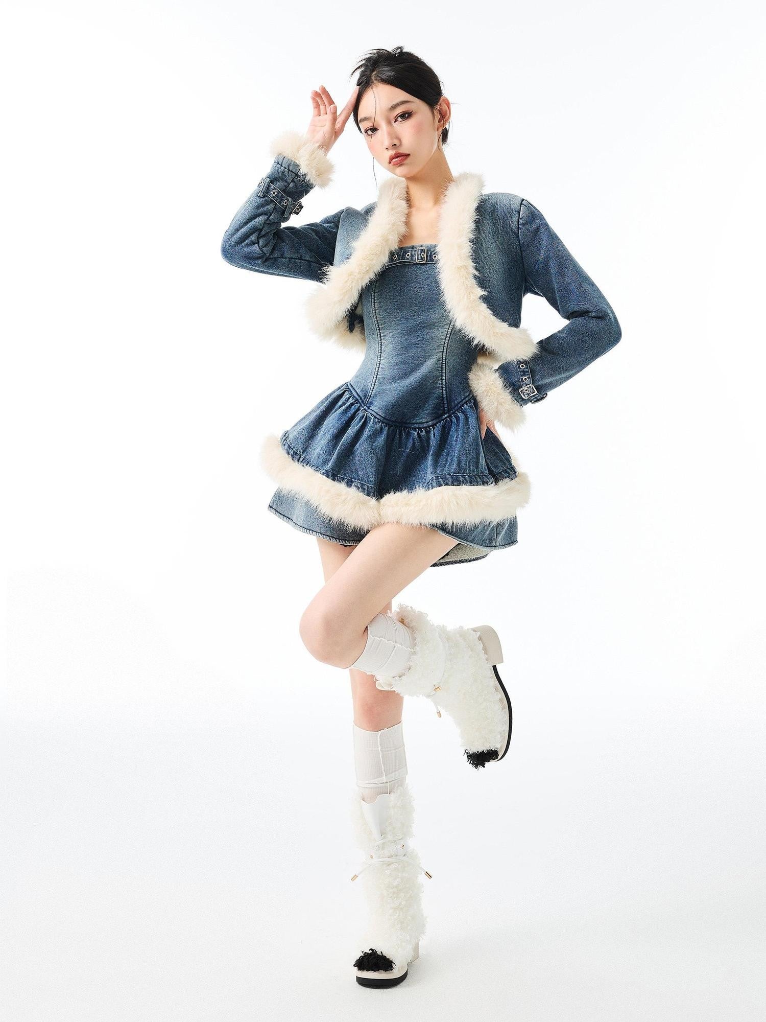 YZZI HE Vintage Fur Collar Denim Jacket Puff Dress Women&