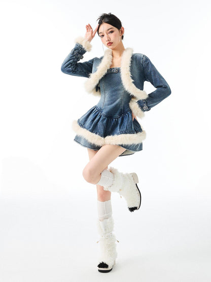 YZZI HE Vintage Fur Collar Denim Jacket Puff Dress Women&