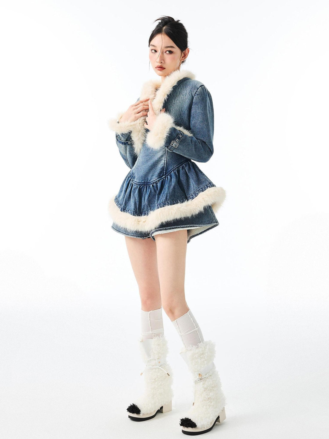 YZZI HE Vintage Fur Collar Denim Jacket Puff Dress Women&