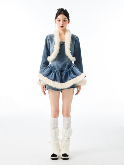 YZZI HE Vintage Fur Collar Denim Jacket Puff Dress Women&