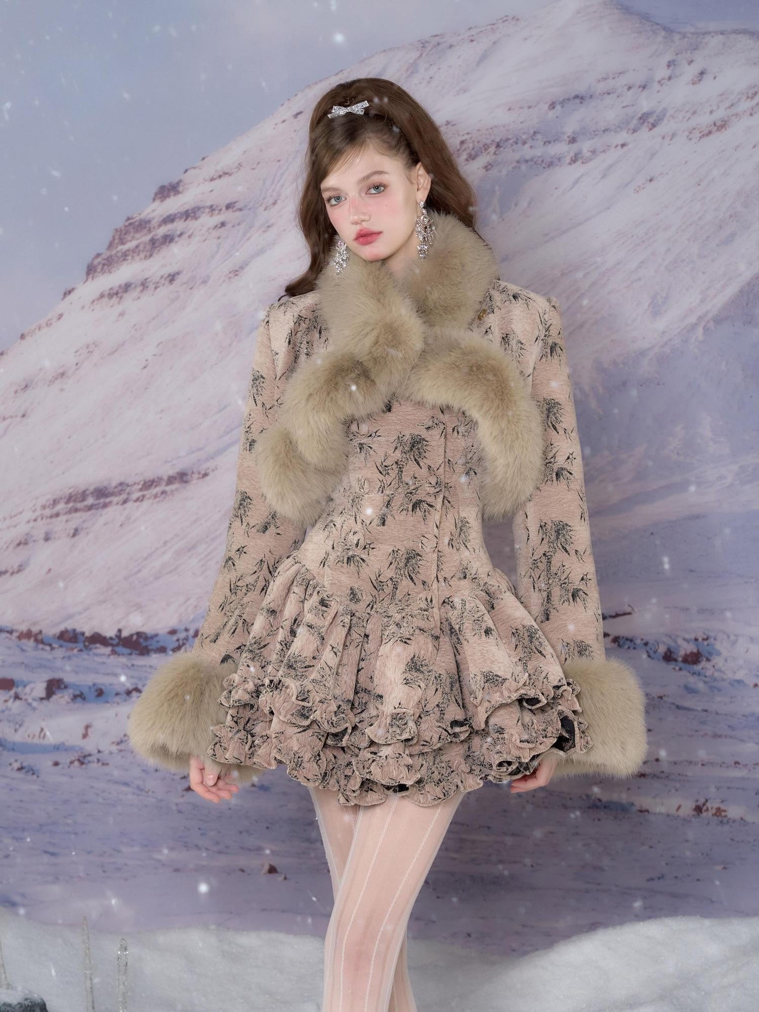 YZZI HE Vintage Fur Collar Puff A Line Long Sleeve Women&