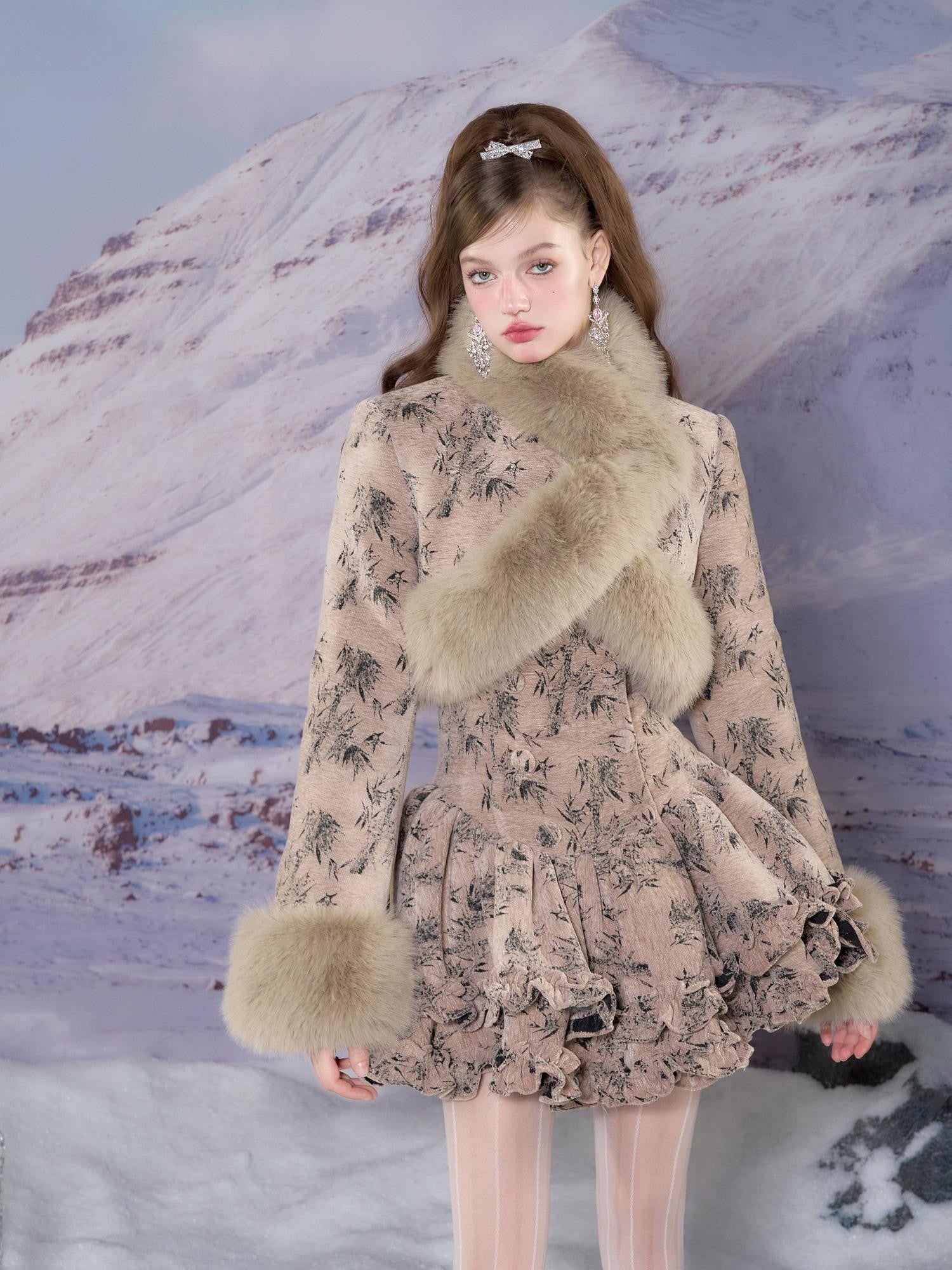 YZZI HE Vintage Fur Collar Puff A Line Long Sleeve Women&