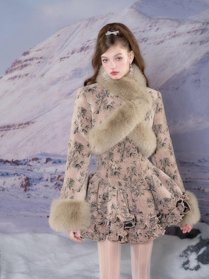 YZZI HE Vintage Fur Collar Puff A Line Long Sleeve Women&