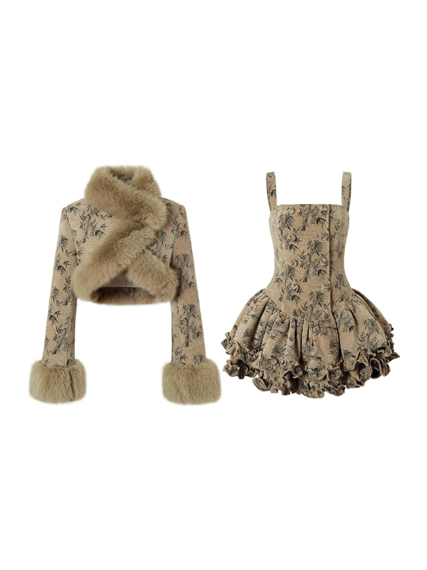 YZZI HE Vintage Fur Collar Puff A Line Long Sleeve Women&
