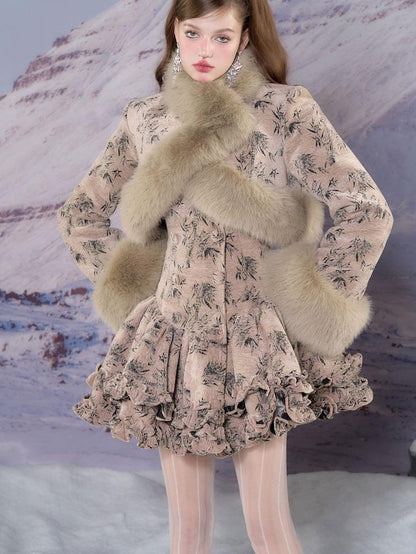 YZZI HE Vintage Fur Collar Puff A Line Long Sleeve Women&
