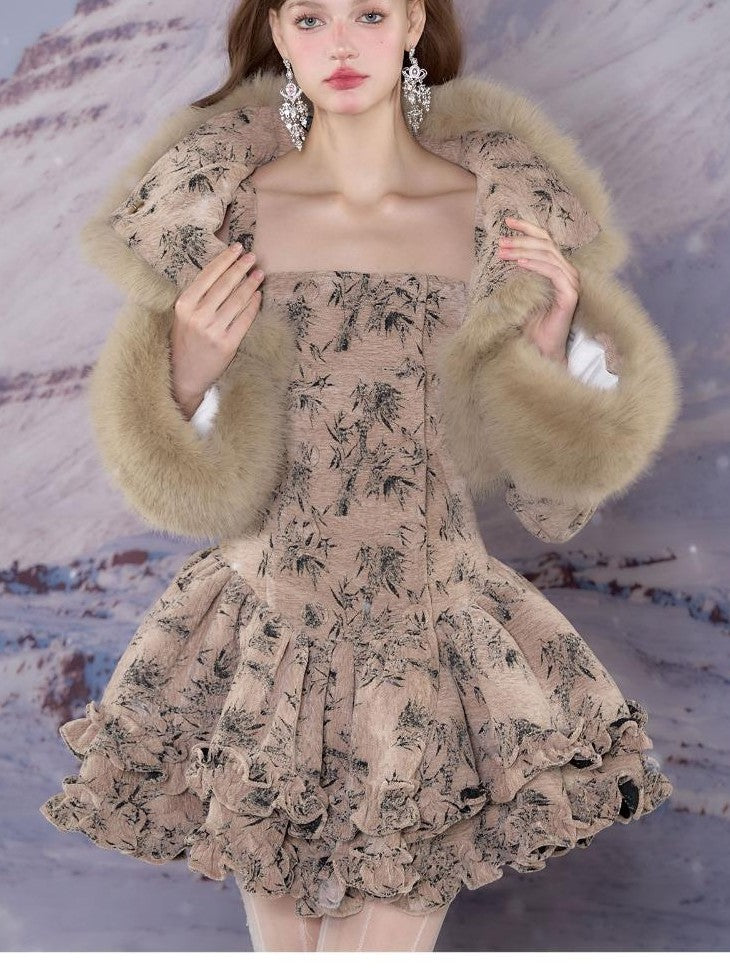 YZZI HE Vintage Fur Collar Puff A Line Long Sleeve Women&