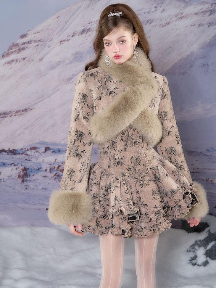 YZZI HE Vintage Fur Collar Puff A Line Long Sleeve Women&