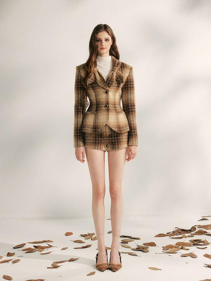 YZZI HE Vintage Plaid Structured Shoulder Cinched Waist Women&