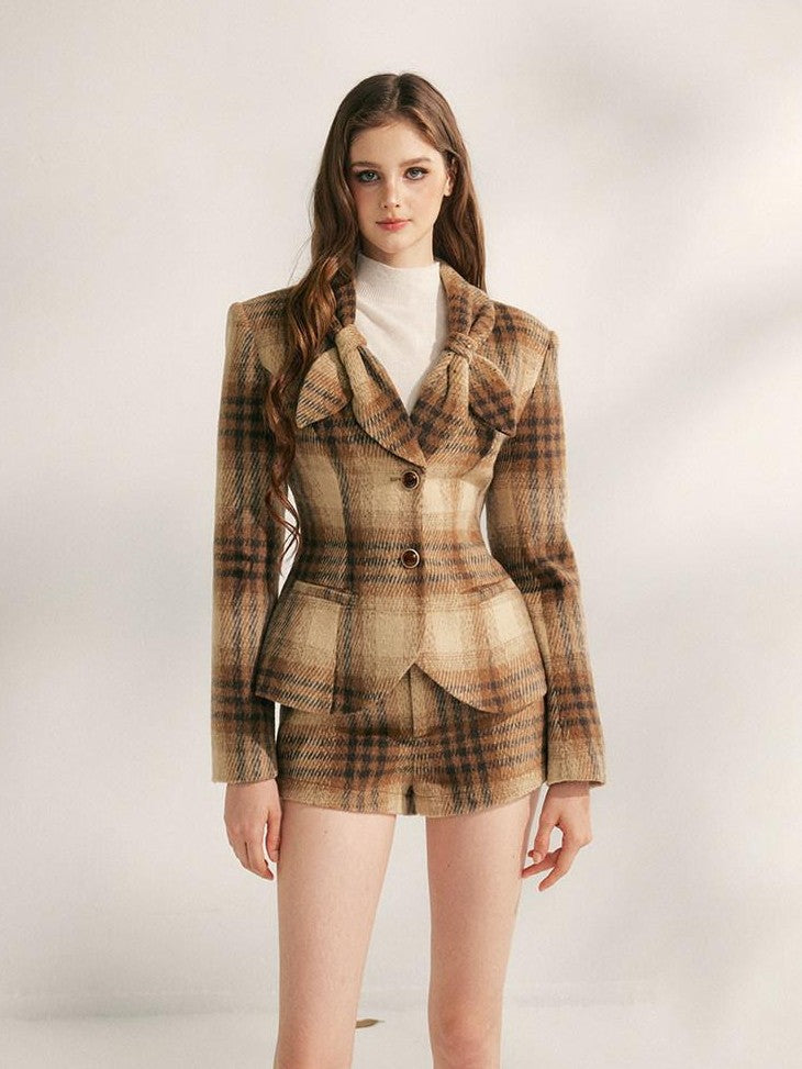 YZZI HE Vintage Plaid Structured Shoulder Cinched Waist Women&