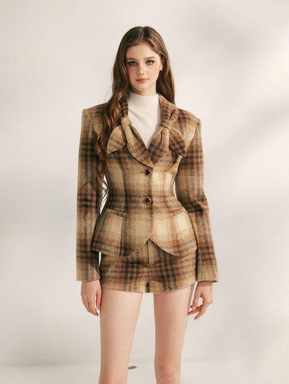 YZZI HE Vintage Plaid Structured Shoulder Cinched Waist Women&