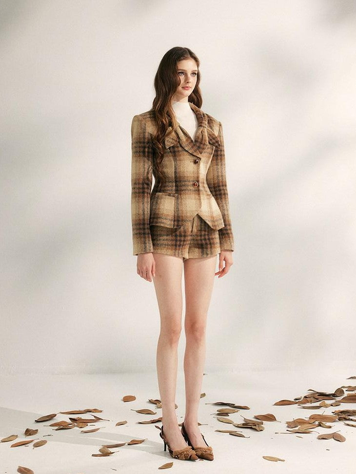 YZZI HE Vintage Plaid Structured Shoulder Cinched Waist Women&