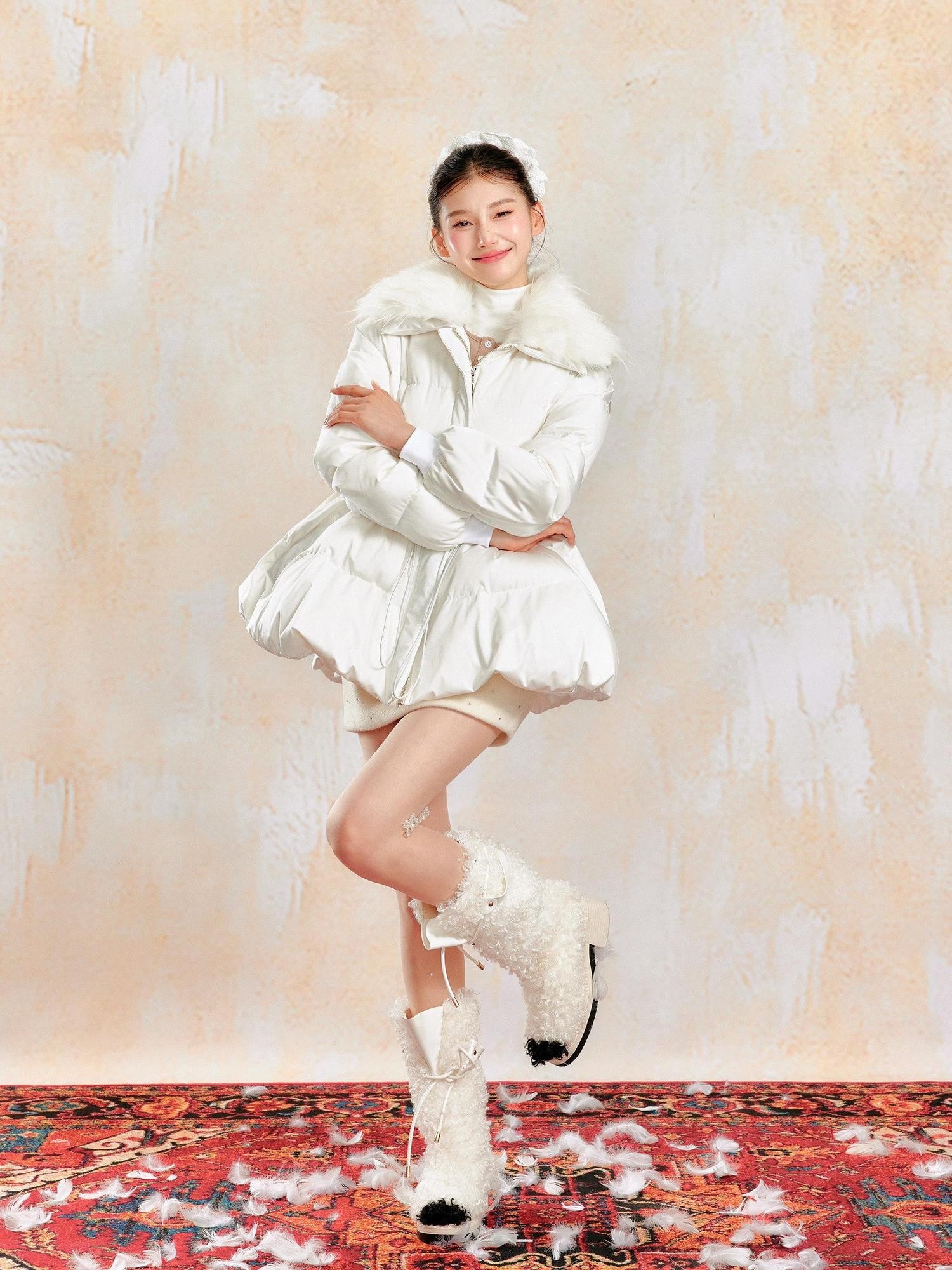 YZZI HE Waist Cinched Skirted Detachable Fur Collar Women&