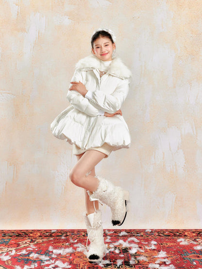 YZZI HE Waist Cinched Skirted Detachable Fur Collar Women&