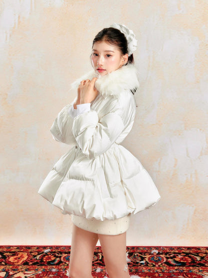 YZZI HE Waist Cinched Skirted Detachable Fur Collar Women&