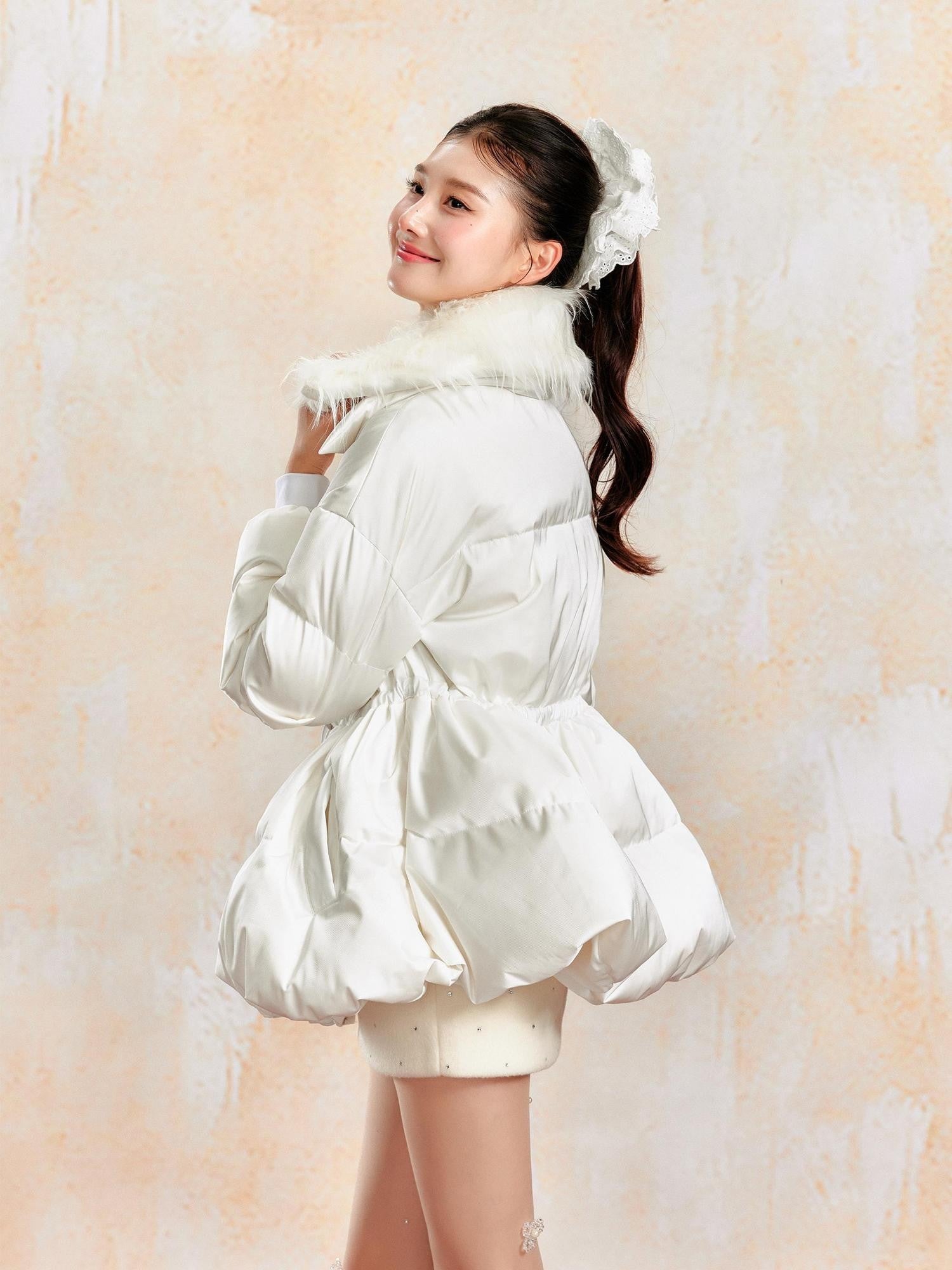 YZZI HE Waist Cinched Skirted Detachable Fur Collar Women&