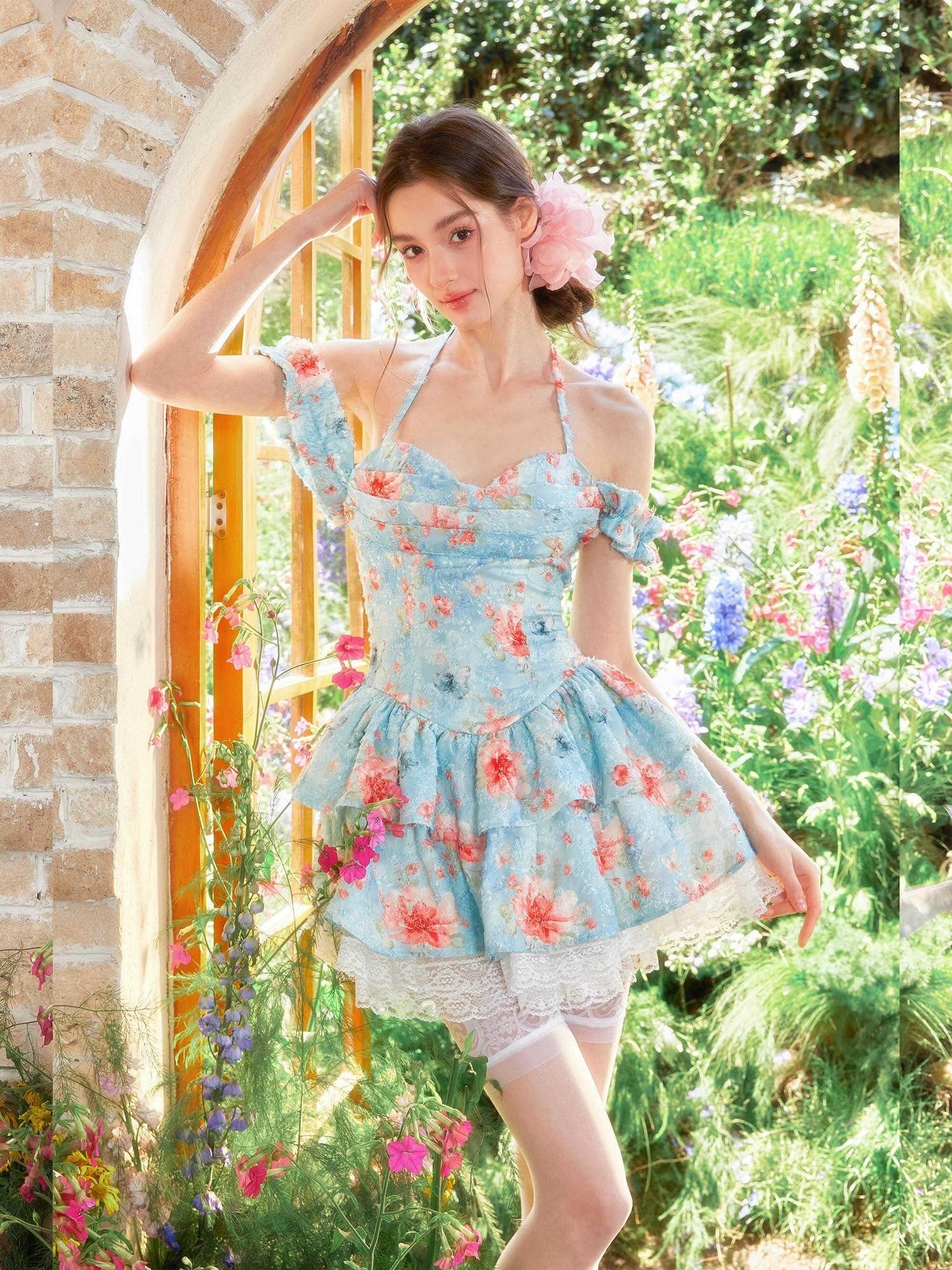 YZZI HE Waterlily Oil Ombre Floral Lace Halter Women&