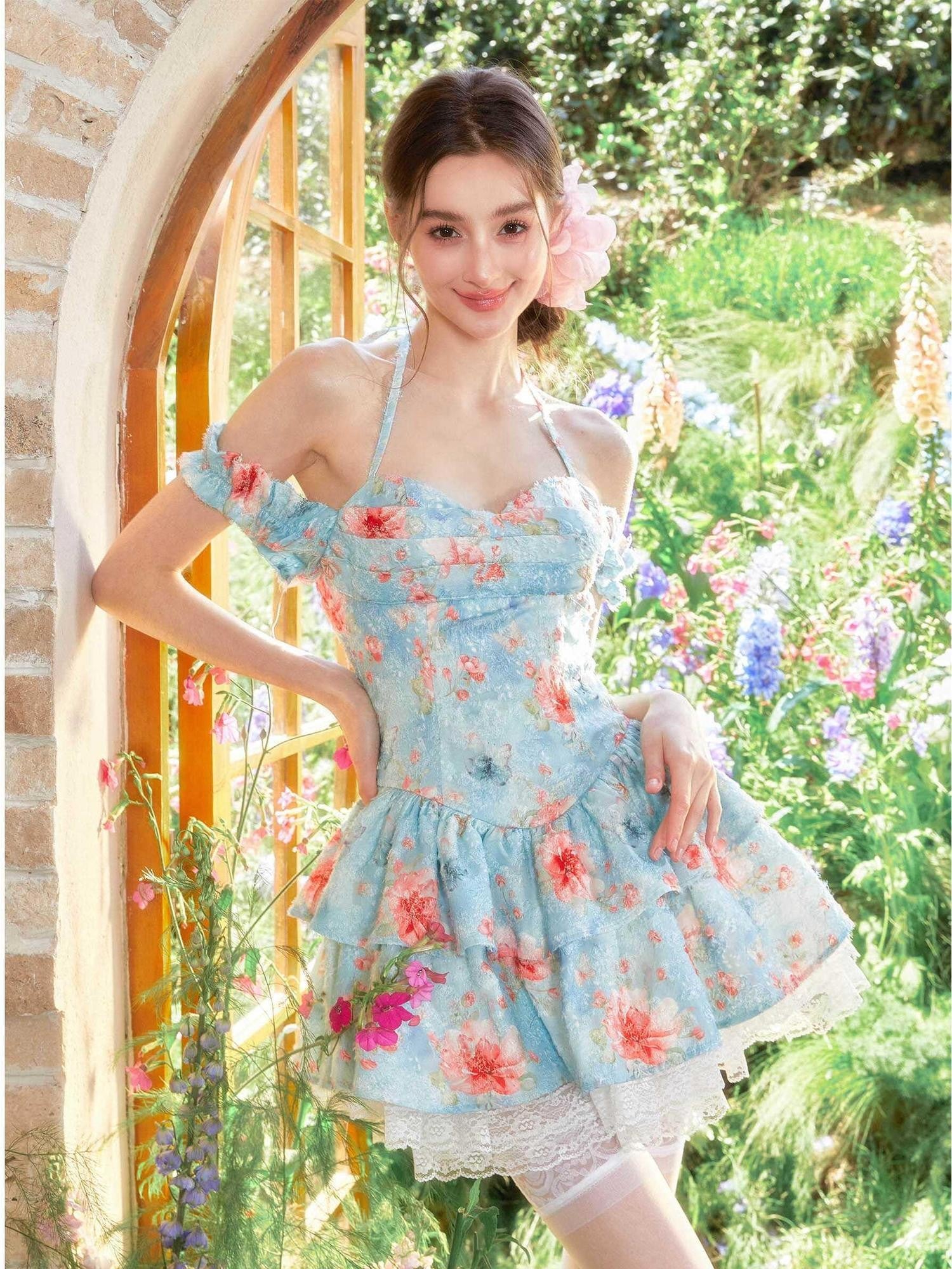 YZZI HE Waterlily Oil Ombre Floral Lace Halter Women&