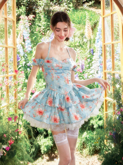 YZZI HE Waterlily Oil Ombre Floral Lace Halter Women&