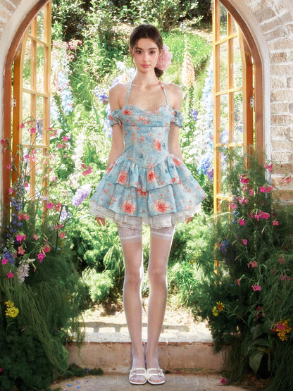 YZZI HE Waterlily Oil Ombre Floral Lace Halter Women&