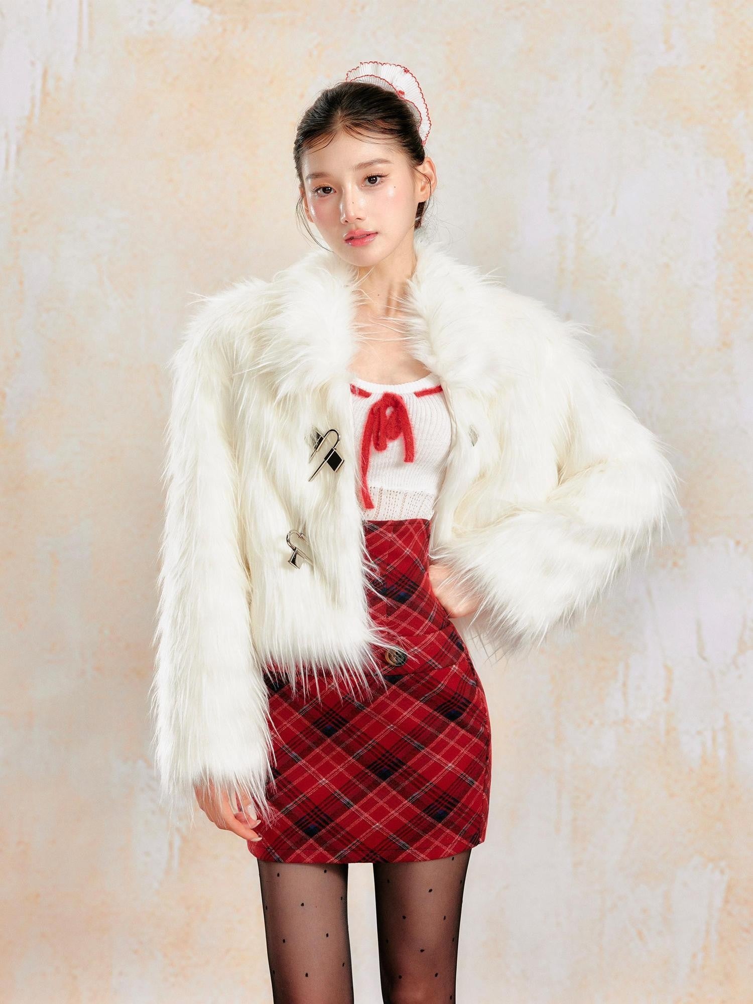 YZZI HE White Cropped High Waist Zipper Longsleeve Plush Women&