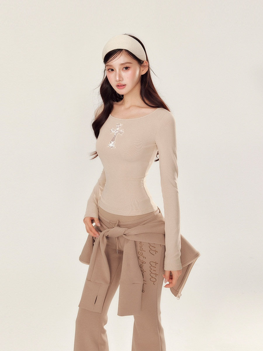 YZZI_HE_White_Embroidered_Cutout_Cross_Slim_Round_Neck_Women&