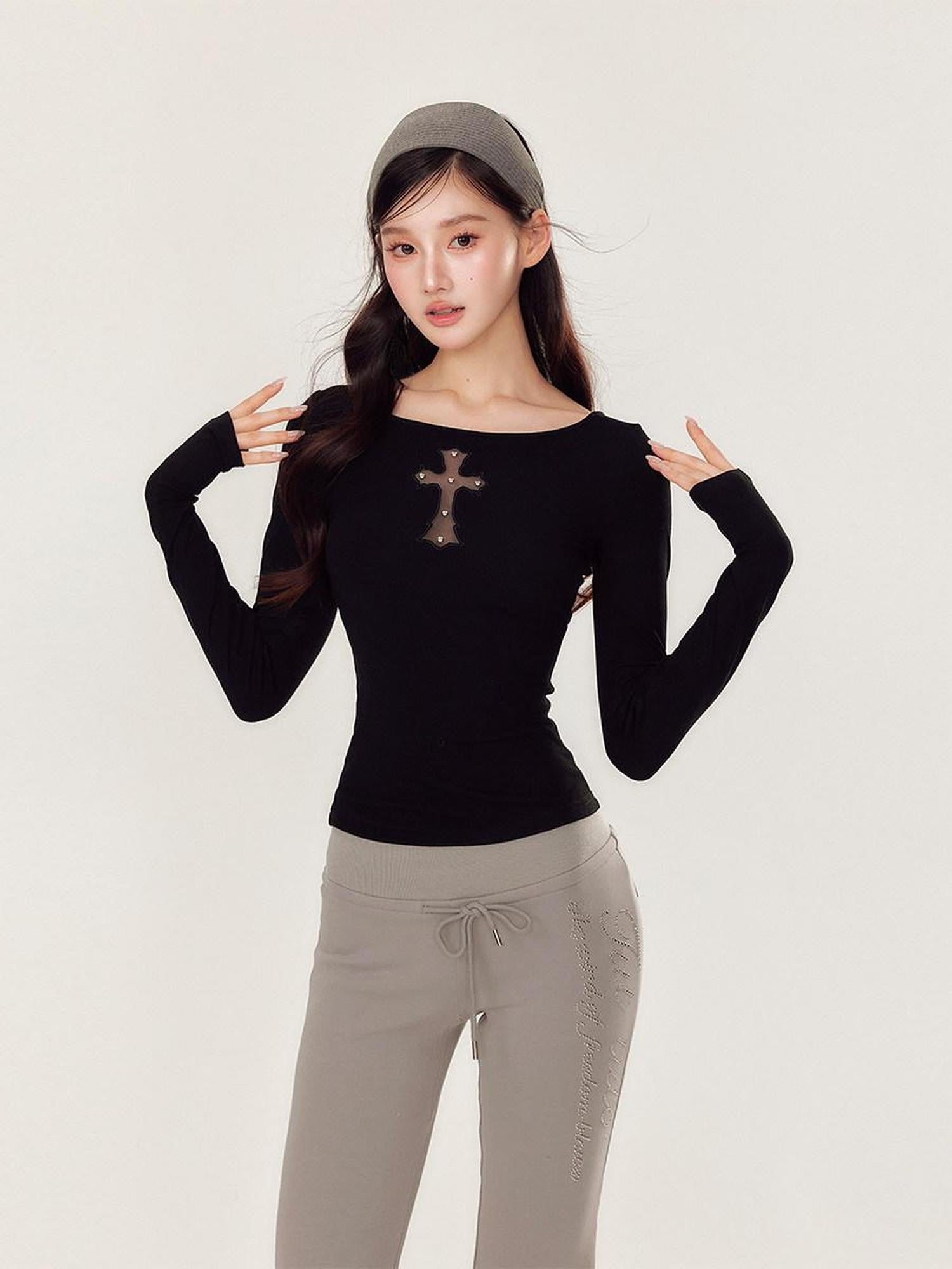YZZI HE White Embroidered Cutout Cross Slim Round Neck Women&