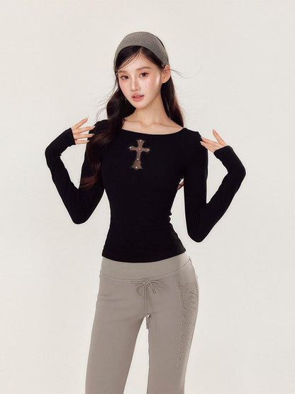 YZZI HE White Embroidered Cutout Cross Slim Round Neck Women&