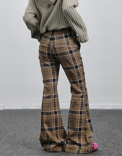 Achihara Yellow Checkered Flare Pants 2025 Summer Autumn Casual Wide Leg Trousers