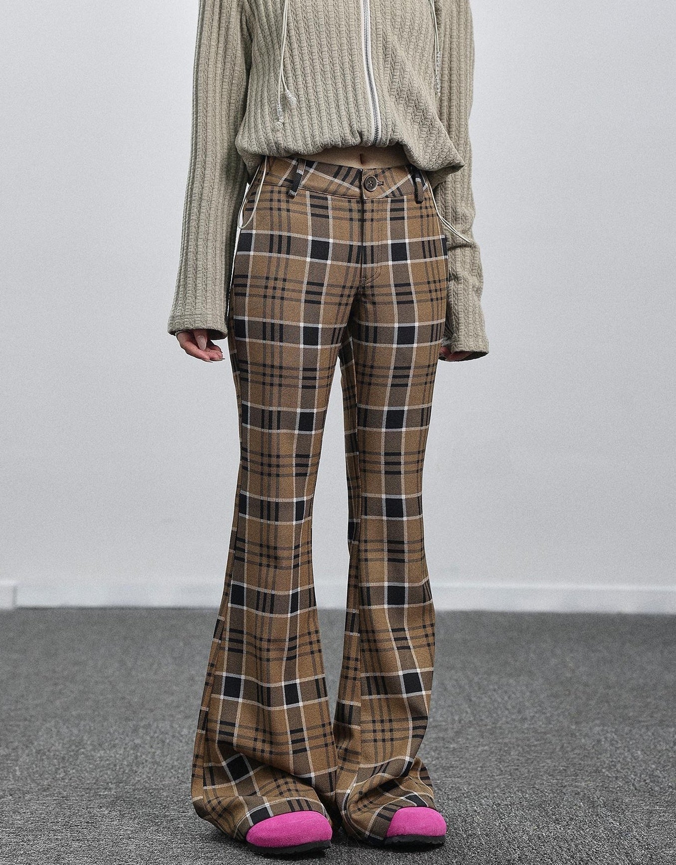 Achihara Yellow Checkered Flare Pants 2025 Summer Autumn Casual Wide Leg Trousers