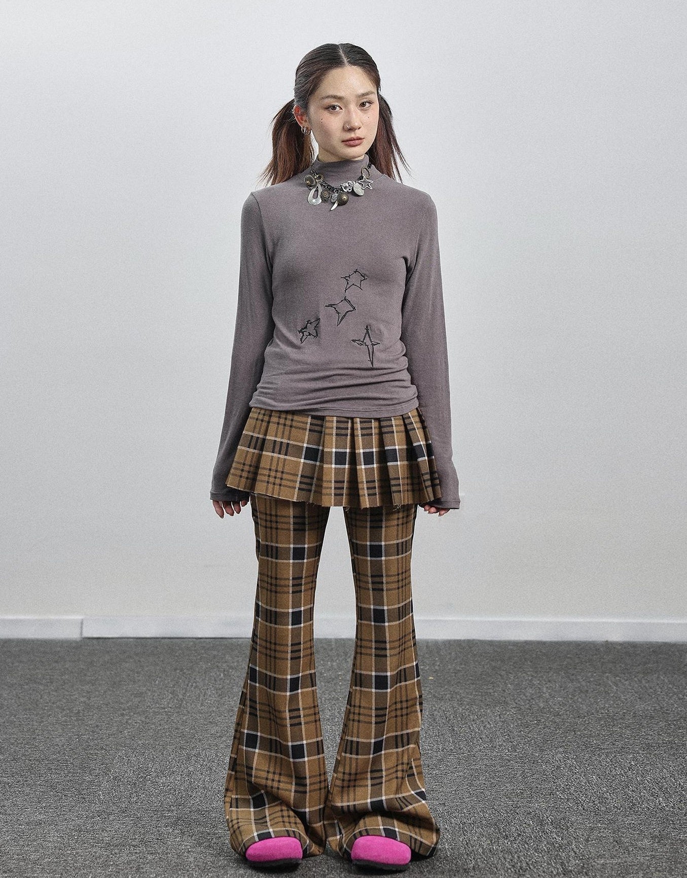 Achihara Yellow Checkered Flare Pants 2025 Summer Autumn Casual Wide Leg Trousers