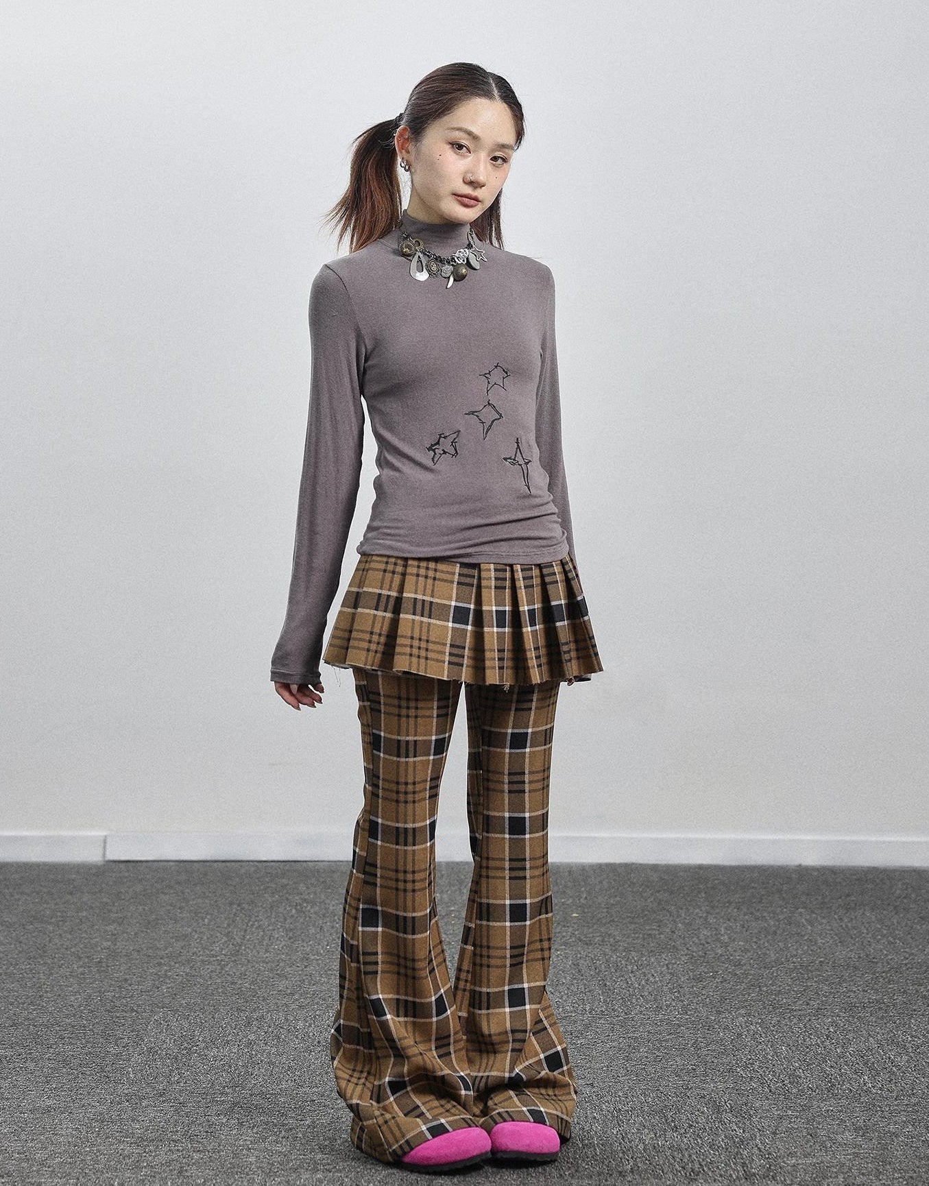 Achihara Yellow Checkered Flare Pants 2025 Summer Autumn Casual Wide Leg Trousers
