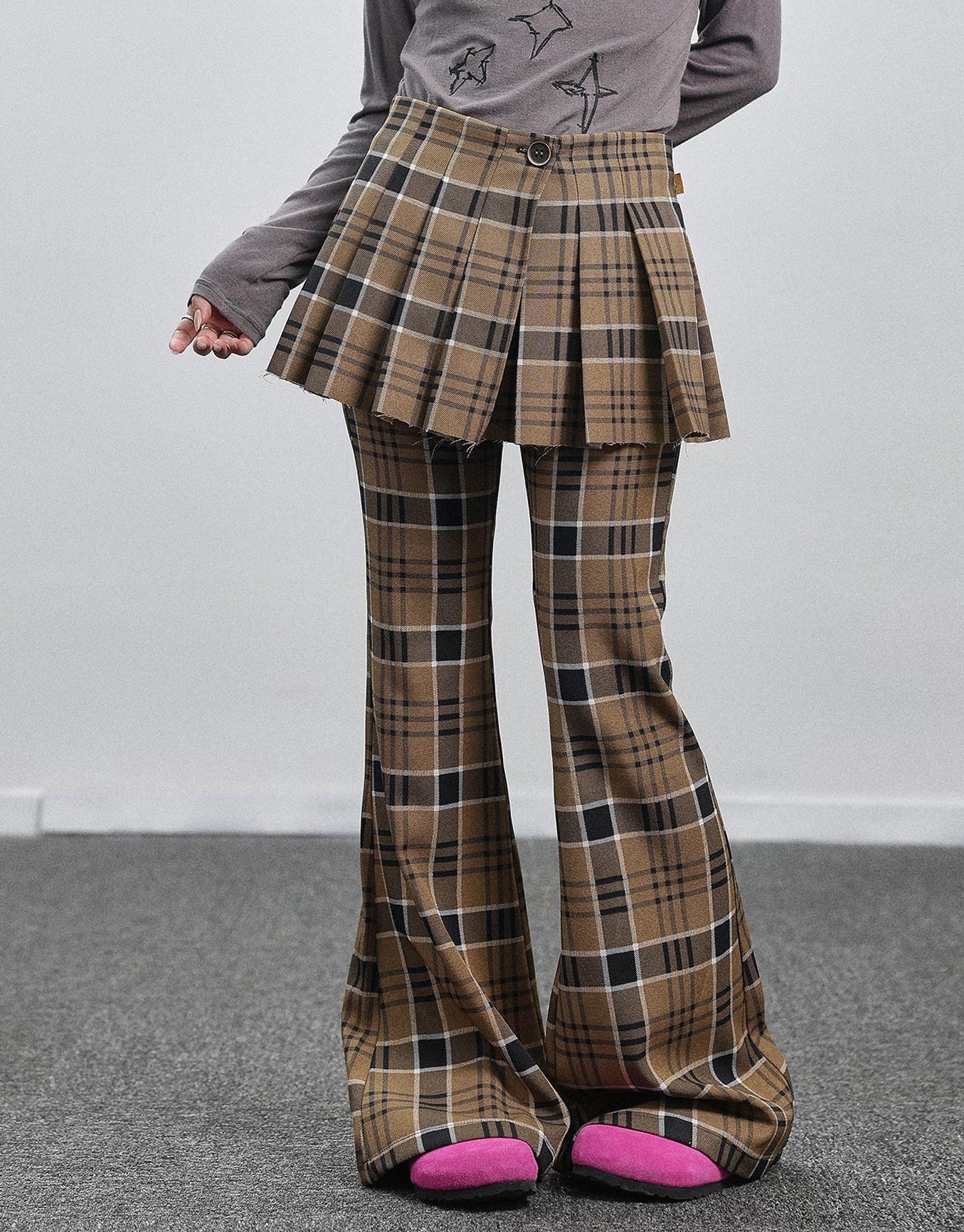 Achihara Yellow Checkered Flare Pants 2025 Summer Autumn Casual Wide Leg Trousers