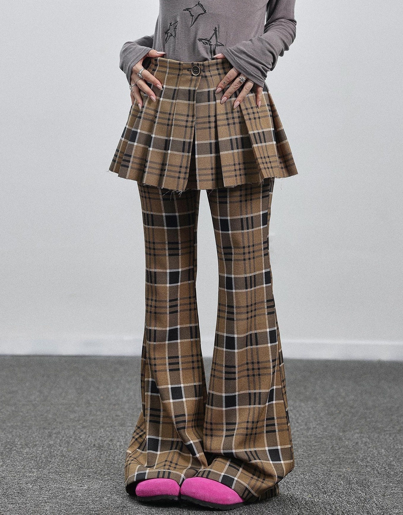Achihara Yellow Checkered Flare Pants 2025 Summer Autumn Casual Wide Leg Trousers