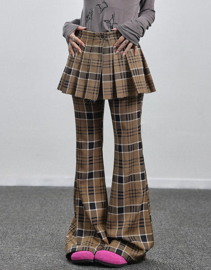 Achihara Yellow Checkered Flare Pants 2025 Summer Autumn Casual Wide Leg Trousers