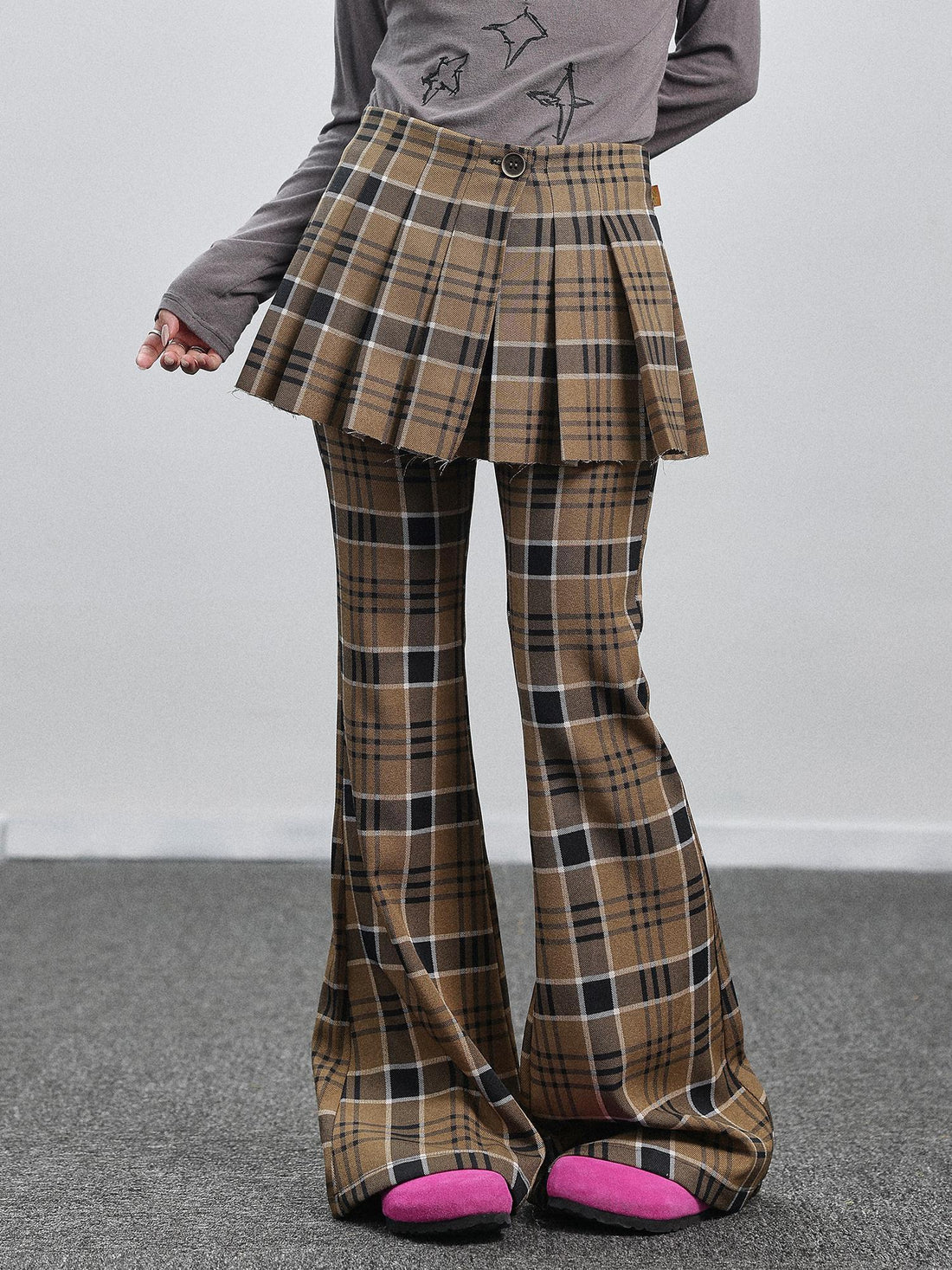 Achihara Yellow Checkered Flare Pants 2025 Summer Autumn Casual Wide Leg Trousers
