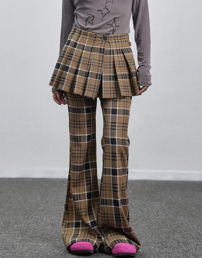Achihara Yellow Checkered Flare Pants 2025 Summer Autumn Casual Wide Leg Trousers