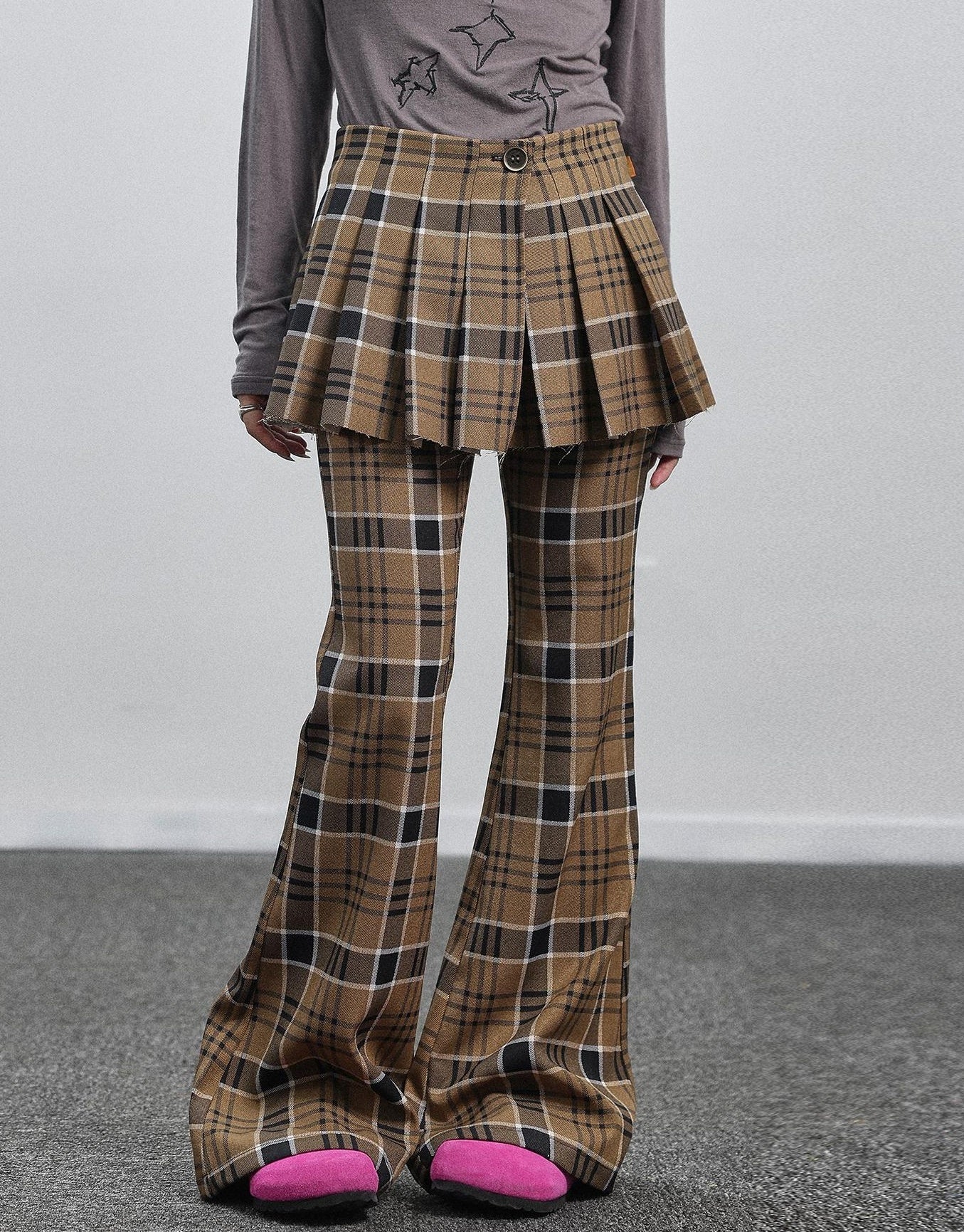 Achihara Yellow Checkered Flare Pants 2025 Summer Autumn Casual Wide Leg Trousers
