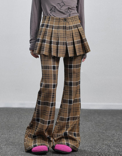 Achihara Yellow Checkered Flare Pants 2025 Summer Autumn Casual Wide Leg Trousers