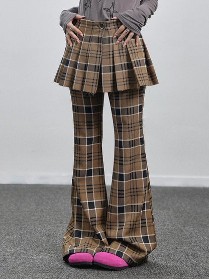 Achihara Yellow Checkered Flare Pants 2025 Summer Autumn Casual Wide Leg Trousers