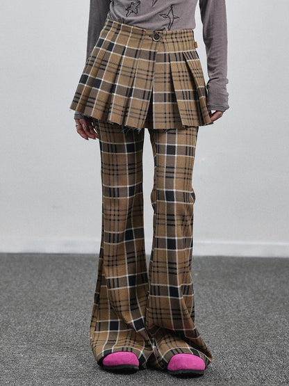 Achihara Yellow Checkered Flare Pants 2025 Summer Autumn Casual Wide Leg Trousers