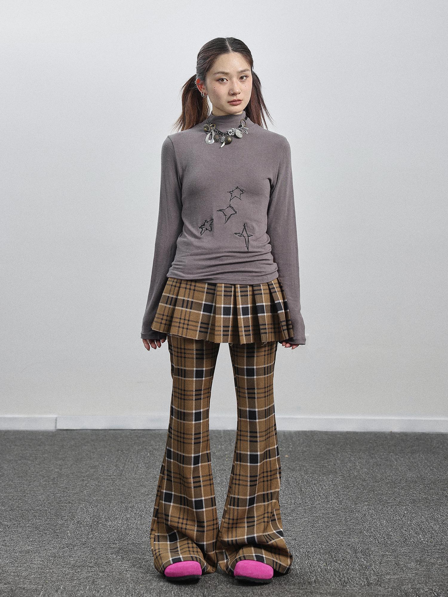 Achihara Yellow Checkered Flare Pants 2025 Summer Autumn Casual Wide Leg Trousers